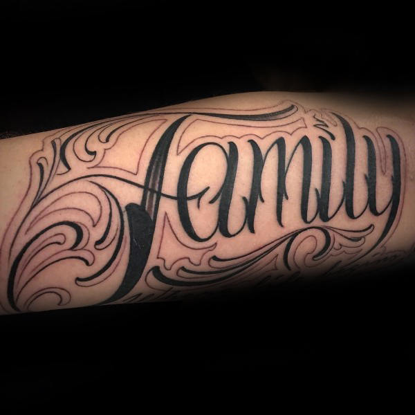 Family script pinstripe male tattoo