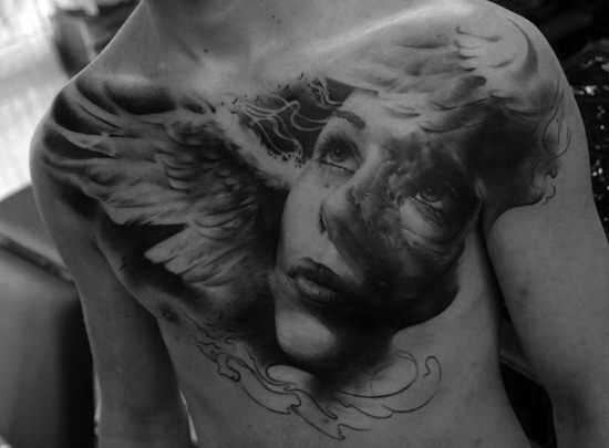 Female face with wings chest portrait tattoos male