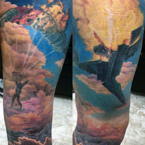 Fighter plane fire mens sky sleeve tattoos