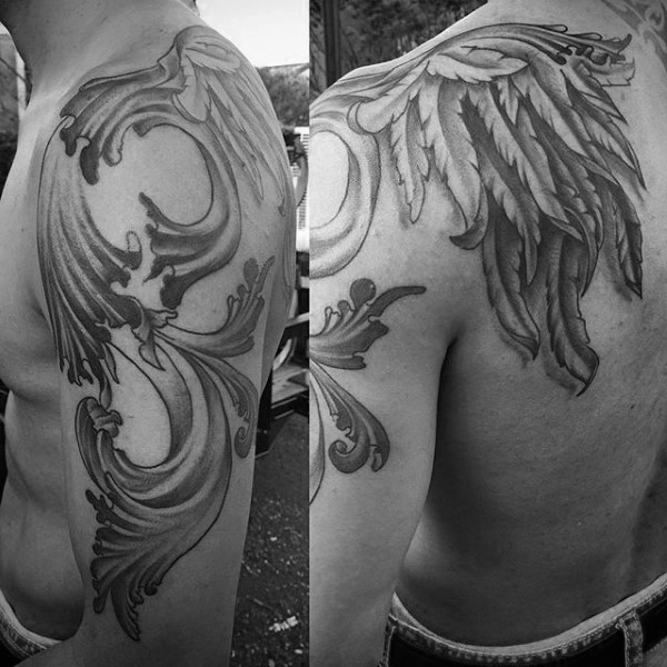 Filigree angel wings mens arm and shoulder tattoo