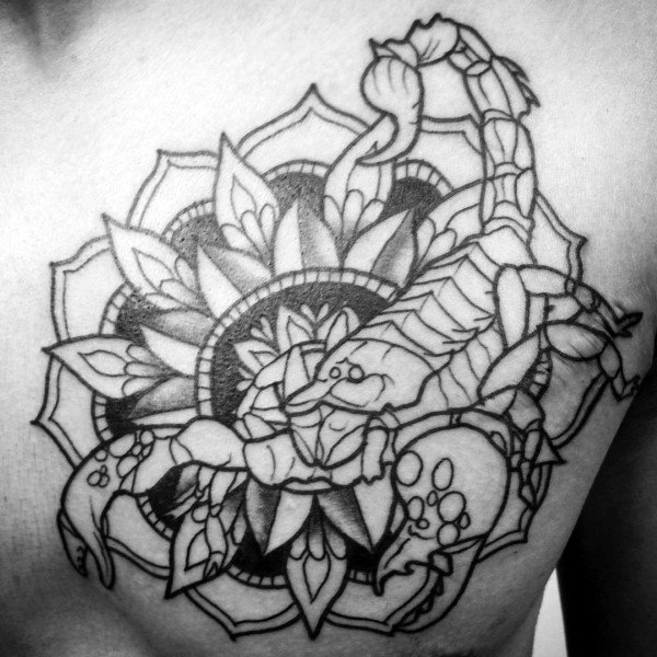 Floral ornate male scorpio chest tattoos