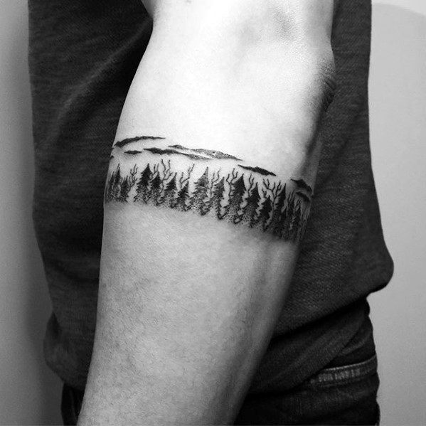 Forearm band trees forest small nature tattoos for men