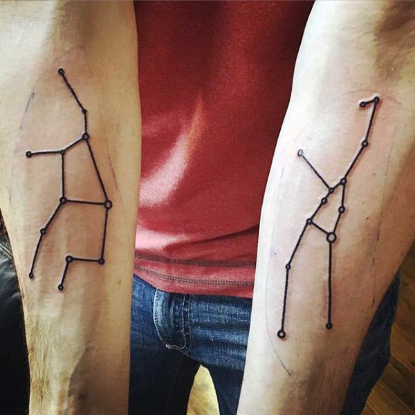 Forearm black ink lines virgo constellation tattoo
