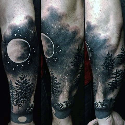 Forearm shaded black and grey manly campfire tattoo design ideas for men