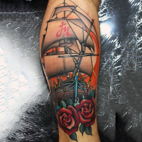 Forearms chinese sailed ship roses neo traditional tattoo