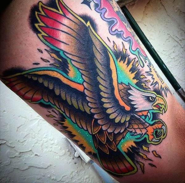 Forearms rainbow themed bird neo traditional tattoo