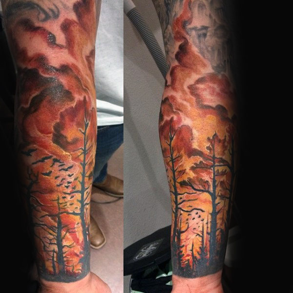 Forest fire guys full arm sleeve tattoo design ideas