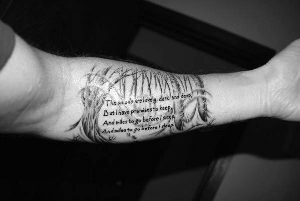 Forest landscape with quote guys forearm tattoo Forest landscape with quote guys forearm tattoo