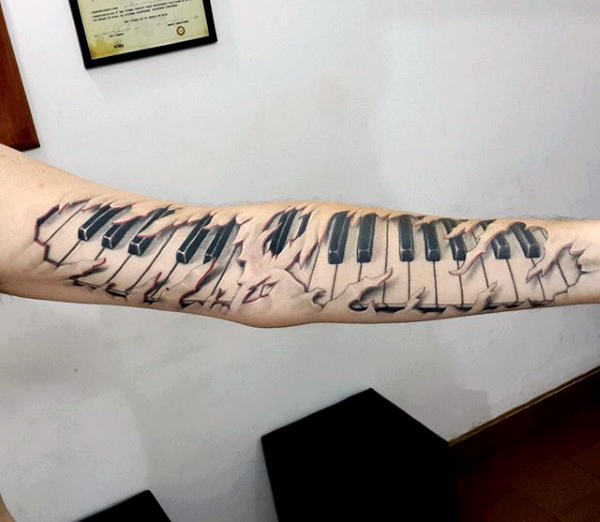 Full arm male ripped skin piano tattoo ideas