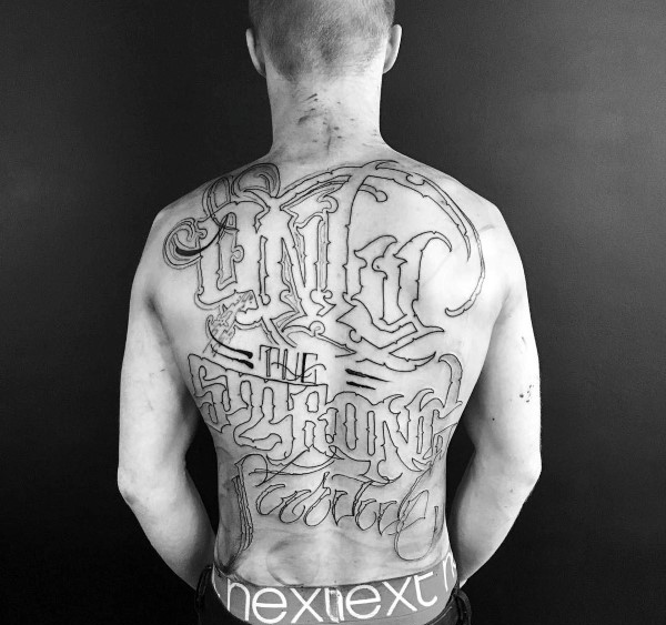 Full back only the strong survive mens script tattoo