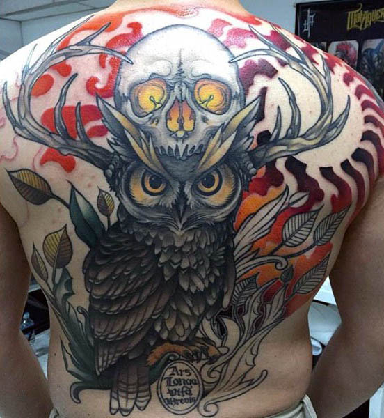 Full back owl and hollow eyed skull neo traditional tattoo