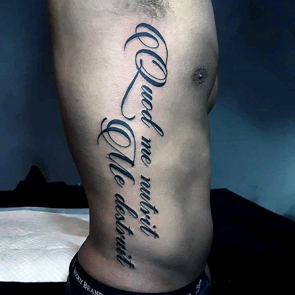 Full rib cage side fancy script guys tattoos