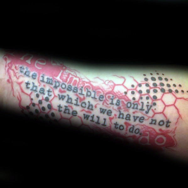 Gentleman with red and black ink forearm quote trash polka tattoo Gentleman with red and black ink forearm quote trash polka tattoo