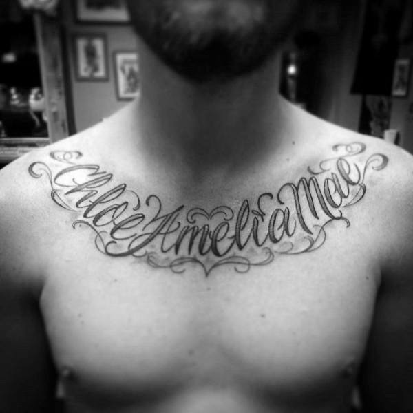 Gentleman with script memorial name tattoo on chest
