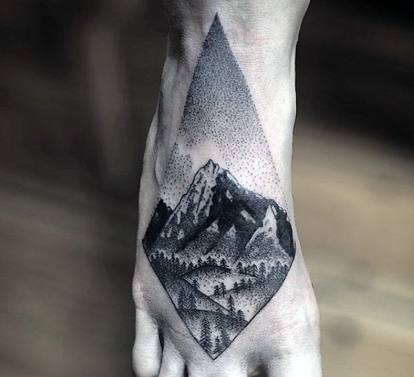 Geometric nature scene black ink forest on foot on male