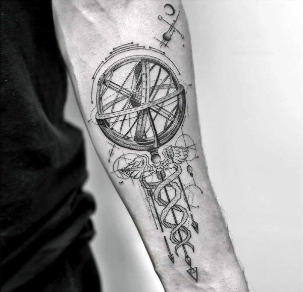 Geometrical caduceus male inner forearm tattoo