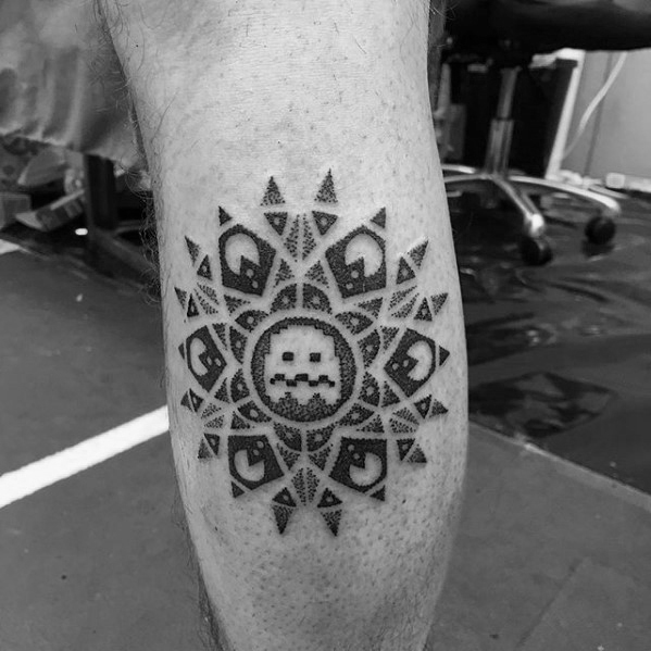Geometrical dotwork mens pacman leg calf tattoos