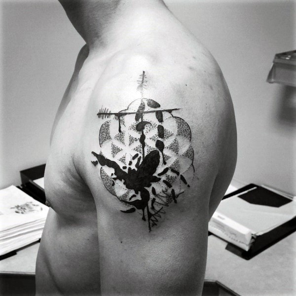 Geometrical scorpio black ink guys dotwork tattoo on upper arm