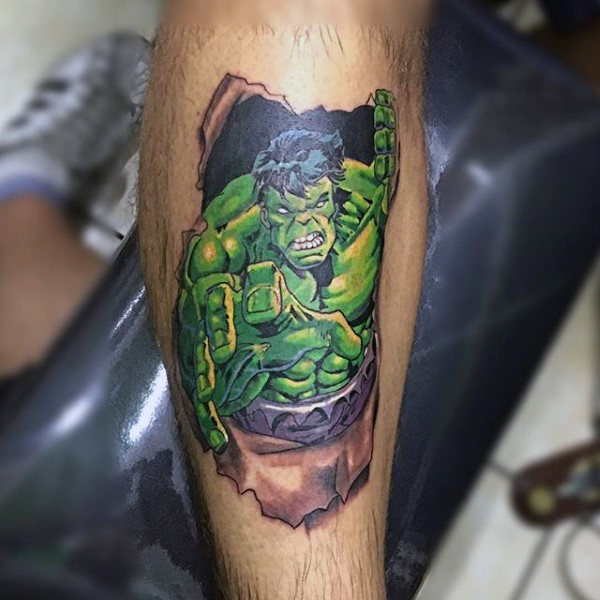 Green hulk breaking tattoo male forearms