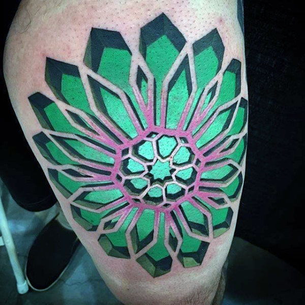 Green mens 3d optical illusion upper thigh tattoo design geometric