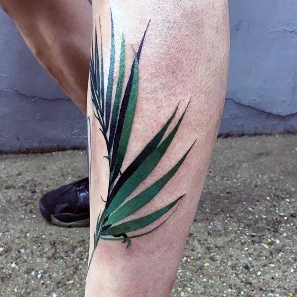 Green plant leaf mens small nature shin tattoo