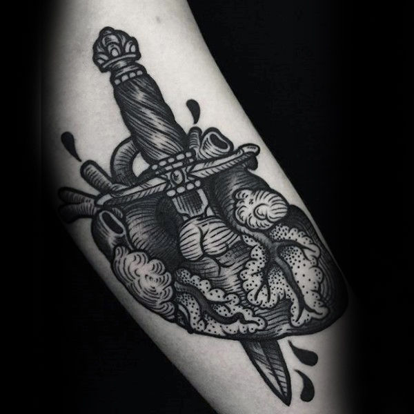 Grey dagger in heart tattoo male forearms