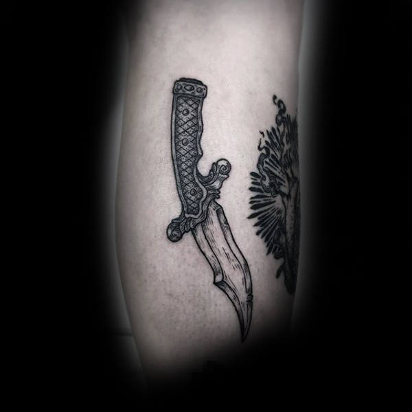 Grey dagger with bent handle tattoo male forearms