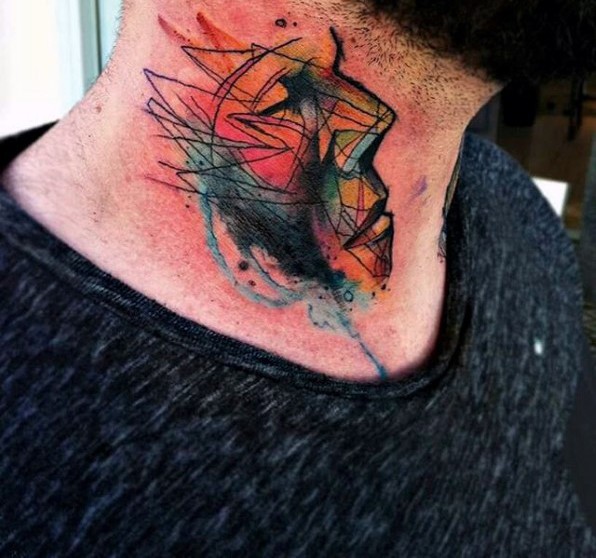 Guys abstract artsy face tattoo design on neck