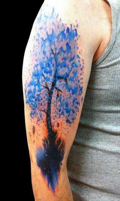 Guys arms purple dotted watercolor tree tattoo