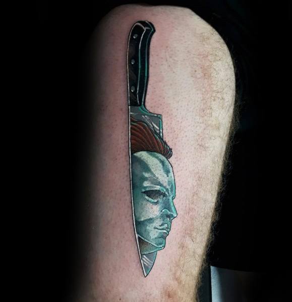 Guys designs michael myers knife themed thigh tattoos