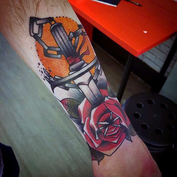Guys forearms dagger through rose tattoo