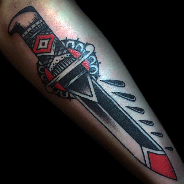 Guys forearms shiny dagger tattoo