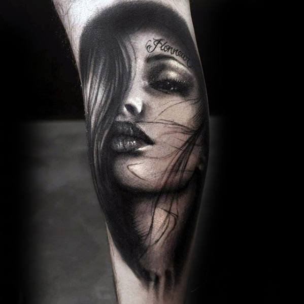 Guys leg 3d realistic portrait tattoo Guys leg 3d realistic portrait tattoo