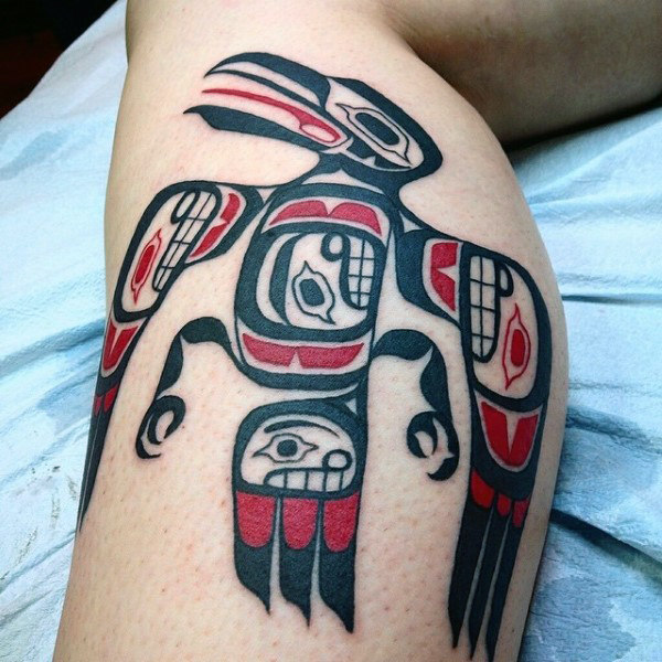Guys legs large beak haida bird tattoo