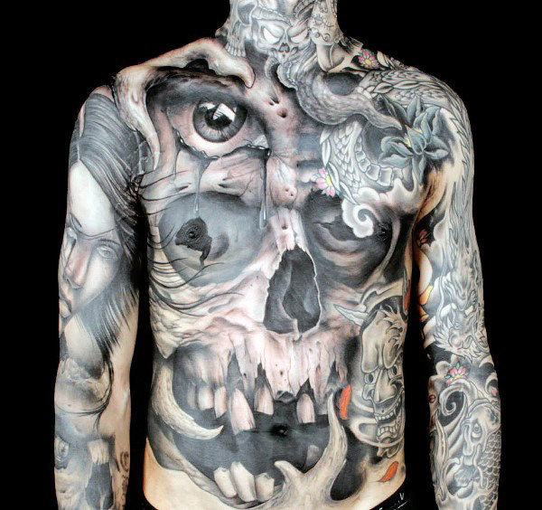 Guys optical illusion skull with eyes mens full body chest tattoo Guys optical illusion skull with eyes mens full body chest tattoo