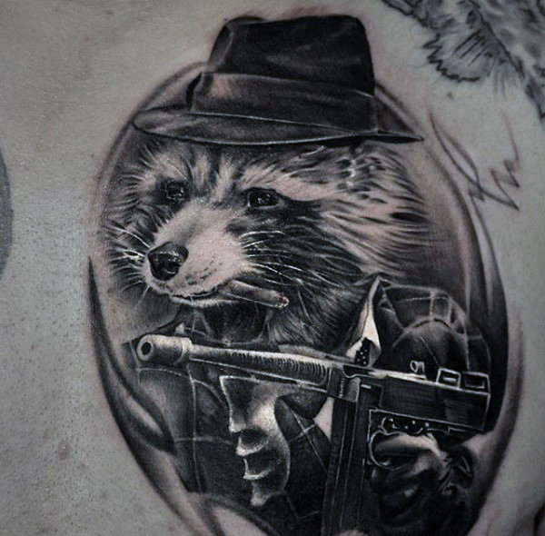 Guys raccoon gangster upper chest tattoo designs