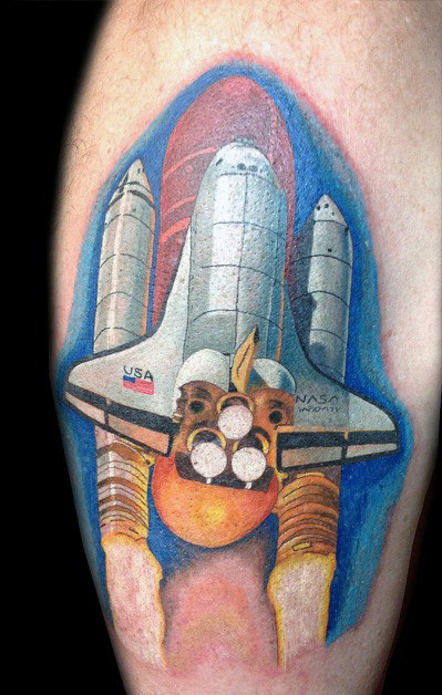 Guys spaceship leg calf tattoos