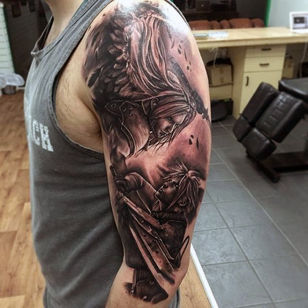 Half sleeve final fantasy shaded cloud strife and sephiroth tattoo