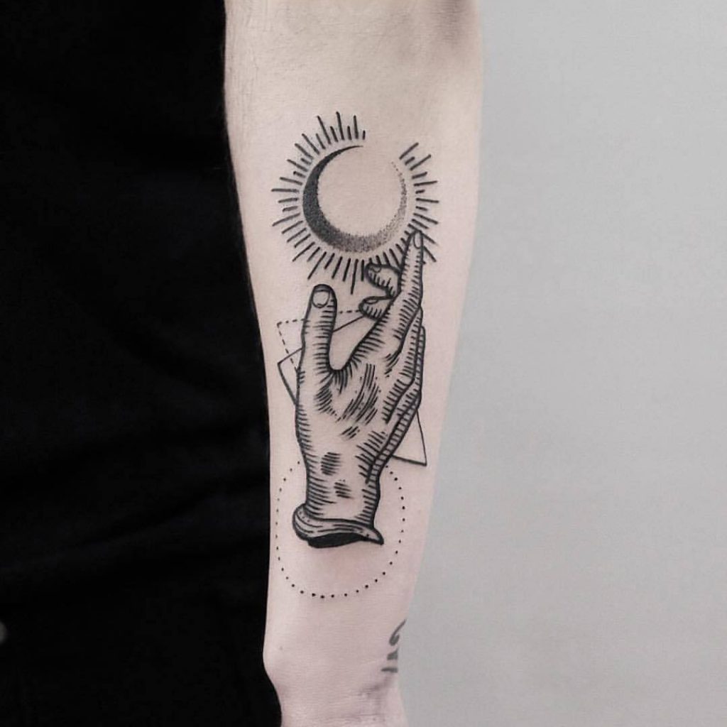 Hand And Moon Tattoo