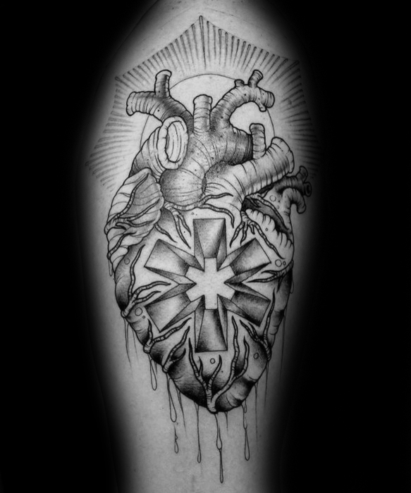 Heart with glowing star of life unique male arm tattoos