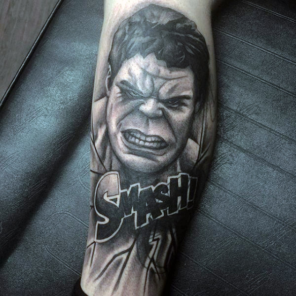 Hulk smash tattoo male forearms