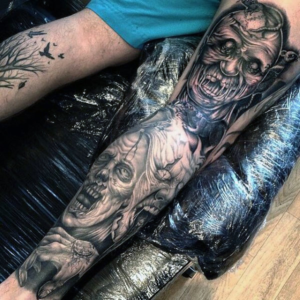 Incredible black ink shaded zombie leg tattoo sleeve for males Incredible black ink shaded zombie leg tattoo sleeve for males