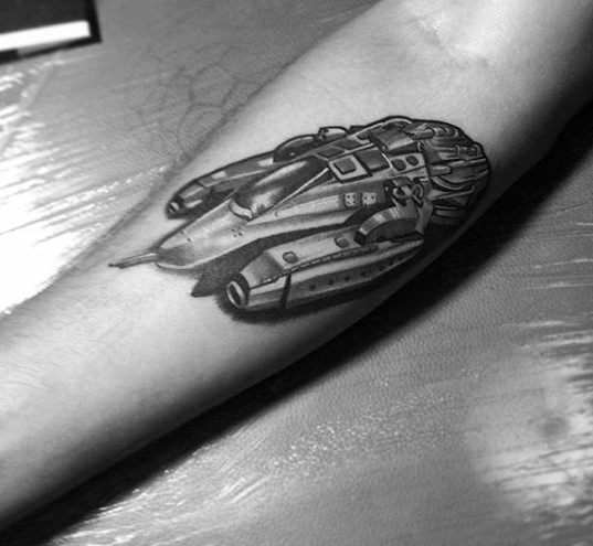 Inner forearm shaded spaceship inner forearm guy tattoo
