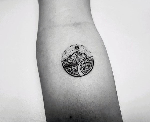 Inner forearm small nature mountains with road dotwork tattoo for men