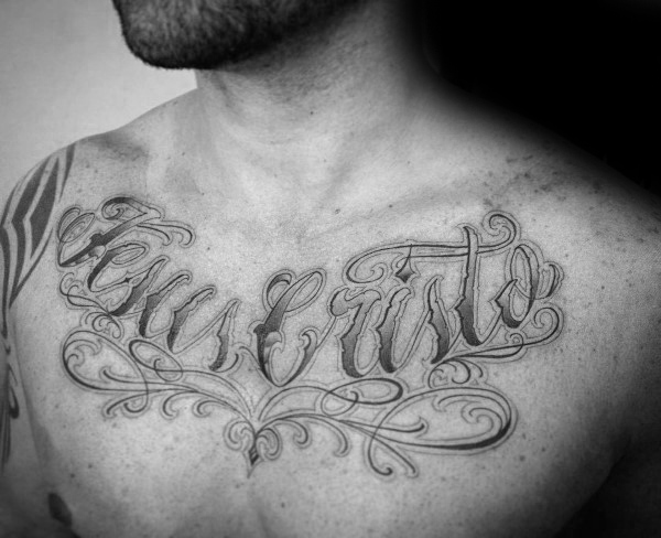 Jesus christ script words mens upper chest tattoos
