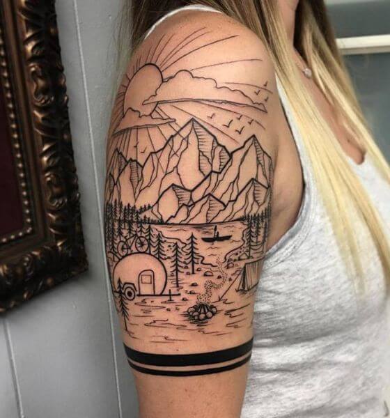 Landscape Blackwork Tattoo on Shoulder