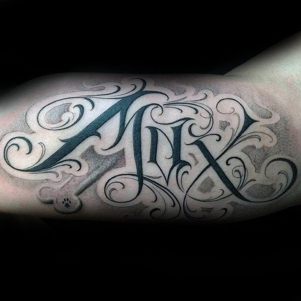Lettering dotwork male script inner arm tattoos