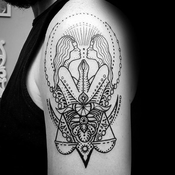 Line work upper arm black ink guys libra upper arm tattoo Line work upper arm black ink guys libra upper arm tattoo