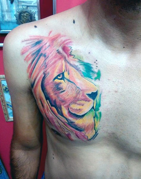 Lion portrait watercolor tattoo on chest