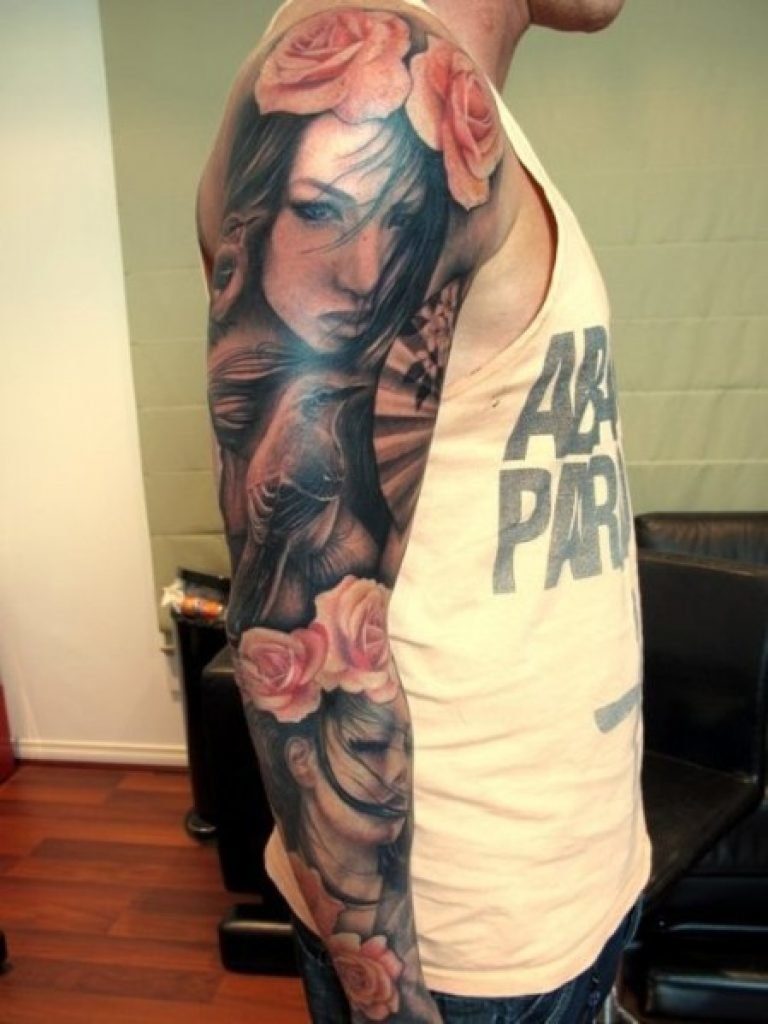 Lovely Flower And Asian Girl Face Tattoo